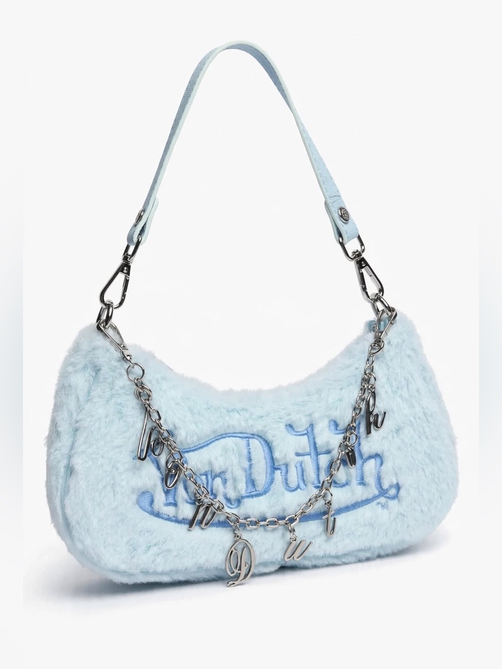 💙Von Dutch Light Blue💙Faux-Fur Shoulder Bag with Charm Chain